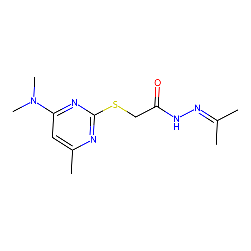 2-((4-(dimethylamino)-6-methylpyrimidin-2-yl)thio)-N'-(propan-2-ylidene)acetohydrazide structure