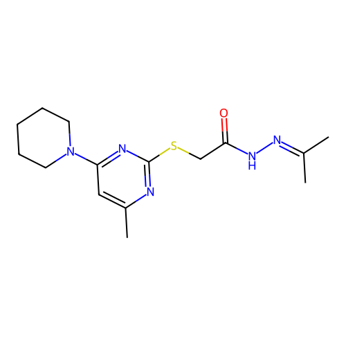 2-((4-methyl-6-(piperidin-1-yl)pyrimidin-2-yl)thio)-N'-(propan-2-ylidene)acetohydrazide structure