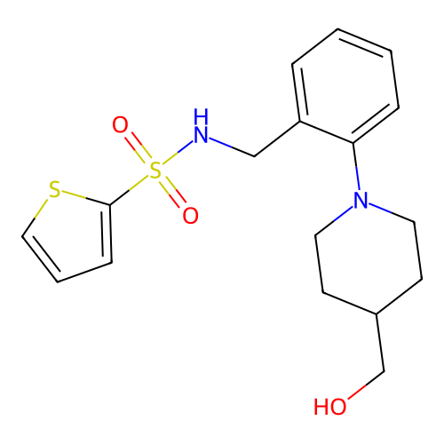 N-{2-[4-(hydroxymethyl)piperidino]benzyl}-2-thiophenesulfonamide structure