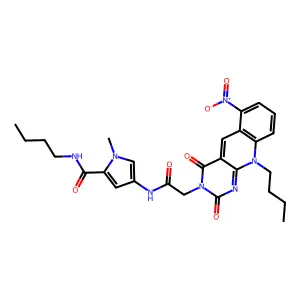 Pyrimido(4,5-b)quinoline-3(2H)-acetamide, 10-butyl-N-(5-((butylamino)carbonyl)-1-methyl-1H-pyrrol-3-yl)-4,10-dihydro-6-nitro-2,4-dioxo- structure