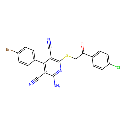 2-amino-4-(4-bromophenyl)-6-((2-(4-chlorophenyl)-2-oxoethyl)thio)pyridine-3,5-dicarbonitrile structure