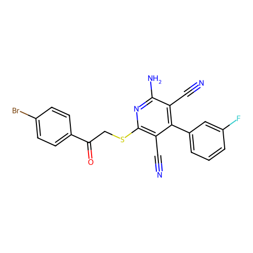 2-amino-6-((2-(4-bromophenyl)-2-oxoethyl)thio)-4-(3-fluorophenyl)pyridine-3,5-dicarbonitrile structure