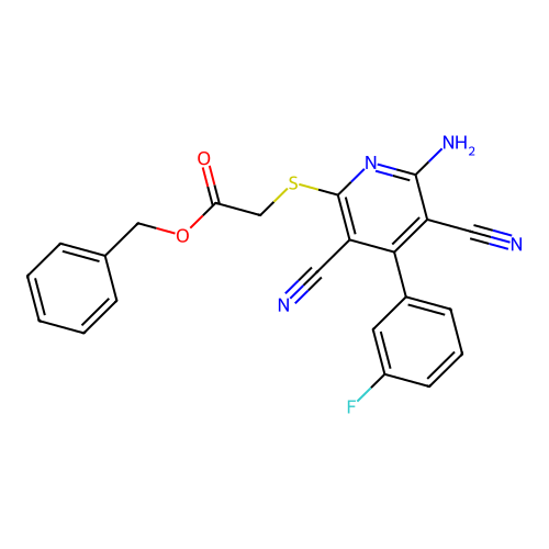 Benzyl {[6-amino-3,5-dicyano-4-(3-fluorophenyl)pyridin-2-yl]sulfanyl}acetate structure