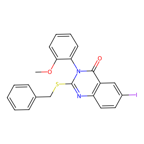 2-(benzylsulfanyl)-6-iodo-3-(2-methoxyphenyl)quinazolin-4(3H)-one structure