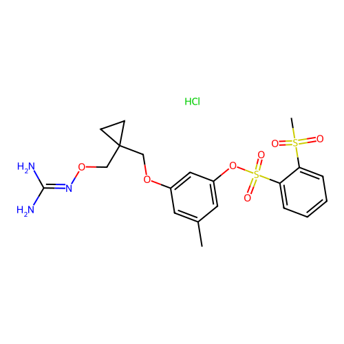 (1-((5-Methyl-3-(2-methylsulfonylphenylsulfonyloxy)phenoxy)methyl)cyclopropyl-methoxy)guanidine hydrochloride structure