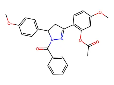 [2-[2-benzoyl-3-(4-methoxyphenyl)-3,4-dihydropyrazol-5-yl]-5-methoxyphenyl] acetate structure
