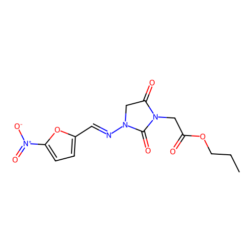 propyl(3-{[(5-nitrofuran-2-yl)methylidene]amino}-2,5-dioxoimidazolidin-1-yl)acetate structure