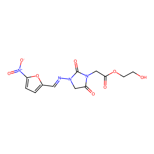 2-hydroxyethyl(3-{[(5-nitrofuran-2-yl)methylidene]amino}-2,5-dioxoimidazolidin-1-yl)acetate structure