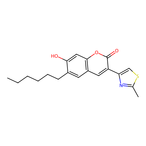 6-hexyl-7-hydroxy-3-(2-methyl-1,3-thiazol-4-yl)-2H-chromen-2-one structure