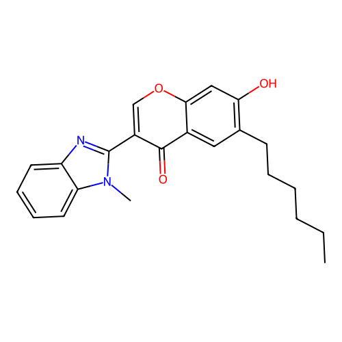 6-Hexyl-7-hydroxy-3-(1-methylbenzimidazol-2-yl)chromen-4-one structure