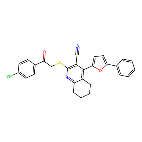 2-((2-(4-chlorophenyl)-2-oxoethyl)thio)-4-(5-phenylfuran-2-yl)-5,6,7,8-tetrahydroquinoline-3-carbonitrile structure