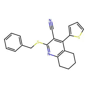 2-(Benzylthio)-4-(thiophen-2-yl)-5,6,7,8-tetrahydroquinoline-3-carbonitrile structure