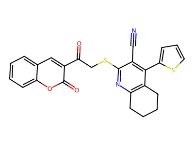 2-[2-oxo-2-(2-oxochromen-3-yl)ethyl]sulfanyl-4-thiophen-2-yl-5,6,7,8-tetrahydroquinoline-3-carbonitrile structure