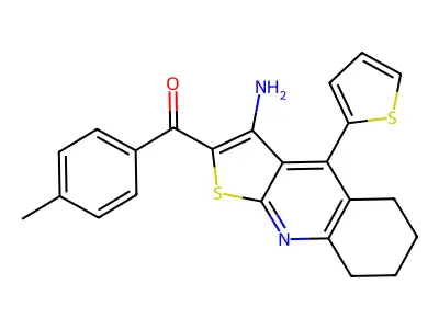 (3-amino-4-(thiophen-2-yl)-5,6,7,8-tetrahydrothieno[2,3-b]quinolin-2-yl)(p-tolyl)methanone structure