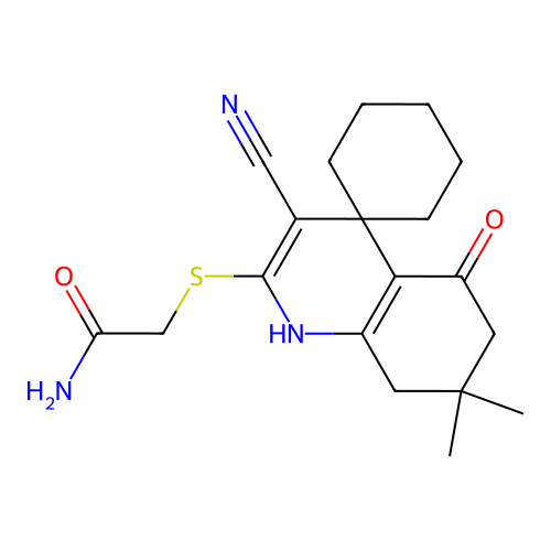 2-((3'-cyano-7',7'-dimethyl-5'-oxo-5',6',7',8'-tetrahydro-1'H-spiro[cyclohexane-1,4'-quinolin]-2'-yl)thio)acetamide structure