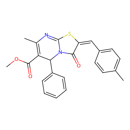 methyl (2E)-7-methyl-2-(4-methylbenzylidene)-3-oxo-5-phenyl-2,3-dihydro-5H-[1,3]thiazolo[3,2-a]pyrimidine-6-carboxylate structure