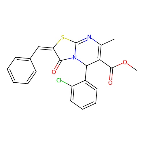 methyl (2E)-2-benzylidene-5-(2-chlorophenyl)-7-methyl-3-oxo-2,3-dihydro-5H-[1,3]thiazolo[3,2-a]pyrimidine-6-carboxylate structure