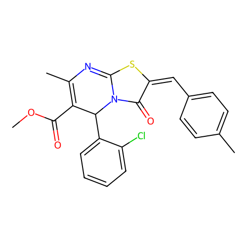 methyl (2E)-5-(2-chlorophenyl)-7-methyl-2-(4-methylbenzylidene)-3-oxo-2,3-dihydro-5H-[1,3]thiazolo[3,2-a]pyrimidine-6-carboxylate structure