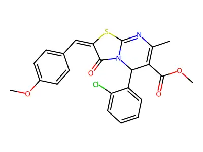methyl (2E)-5-(2-chlorophenyl)-2-(4-methoxybenzylidene)-7-methyl-3-oxo-2,3-dihydro-5H-[1,3]thiazolo[3,2-a]pyrimidine-6-carboxylate structure