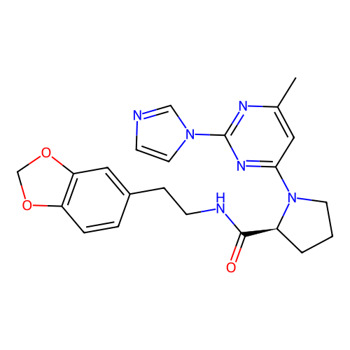 (2S)-1-(2-(1H-imidazol-1-yl)-6-methylpyrimidin-4-yl)-N-(2-(benzo[d][1,3]dioxol-5-yl)ethyl)pyrrolidine-2-carboxamide structure