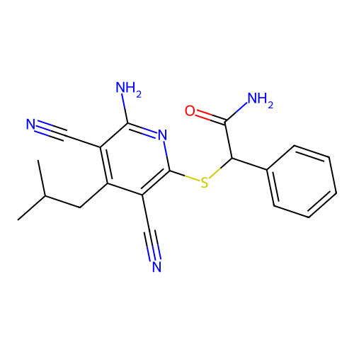 2-((6-amino-3,5-dicyano-4-isobutylpyridin-2-yl)thio)-2-phenylacetamide structure