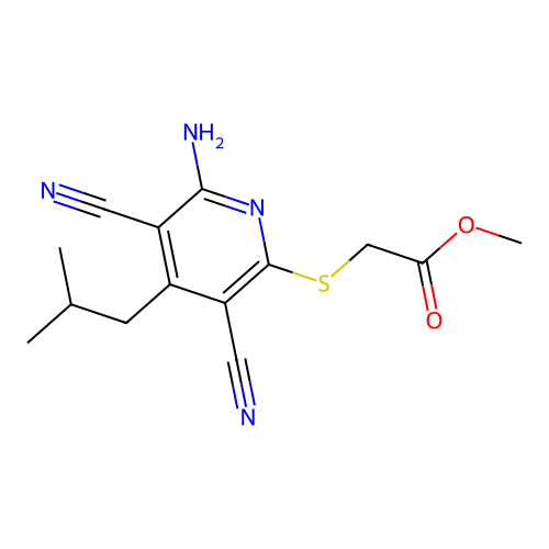 Methyl {[6-amino-3,5-dicyano-4-(2-methylpropyl)pyridin-2-yl]sulfanyl}acetate structure