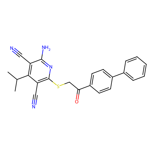 2-amino-6-[2-oxo-2-(4-phenylphenyl)ethyl]sulfanyl-4-propan-2-ylpyridine-3,5-dicarbonitrile structure