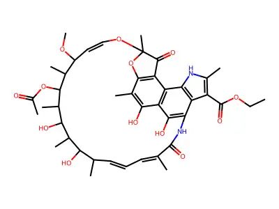 ethyl (9Z,19E,21E)-13-(acetyloxy)-2,15,17,32-tetrahydroxy-11-methoxy-3,7,12,14,16,18,22,28-octamethyl-6,23-dioxo-8,33-dioxa-24,29-diazapentacyclo[23.6.1.1?,?.0?,(3)(1).0(2)?,(3)?]tritriaconta-1(31),2,4,9,19,21,25(32),26(30),27-nonaene-27-carboxylate structure
