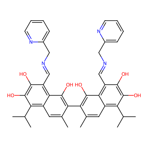 (8Z,8'Z)-1,1',6,6'-tetrahydroxy-3,3'-dimethyl-5,5'-di(propan-2-yl)-8,8'-bis{[(pyridin-2-ylmethyl)amino]methylidene}-2,2'-binaphthalene-7,7'(8H,8'H)-dione structure
