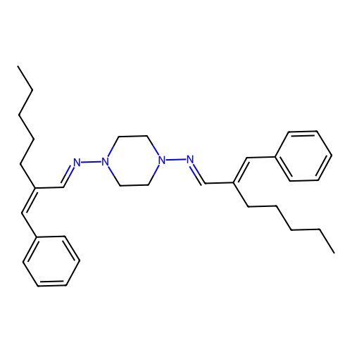 2-benzylidene-N-[4-(2-benzylideneheptylideneamino)piperazin-1-yl]heptan-1-imine structure