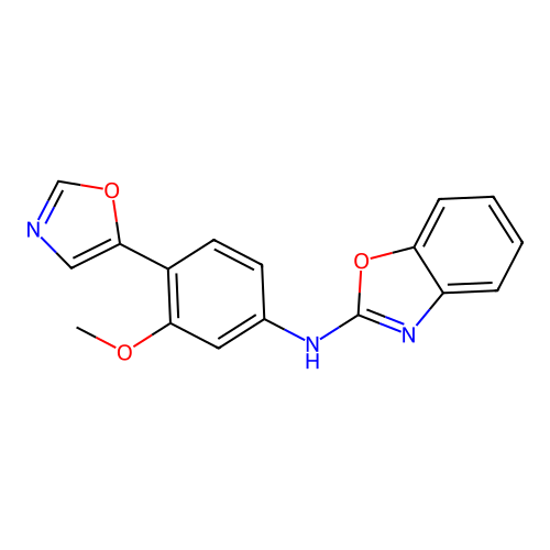 N-[3-methoxy-4-(5-oxazolyl)phenyl]-2-benzoxazolamine structure