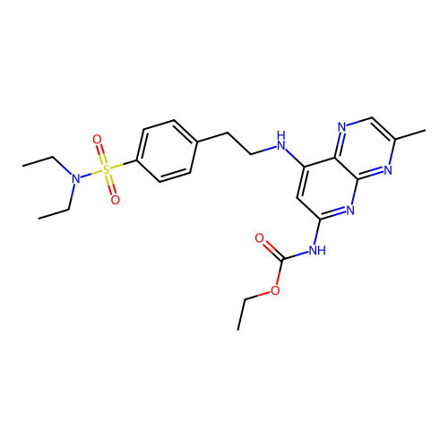 Ethyl (8-((4-(N,N-diethylsulfamoyl)phenethyl)amino)-3-methylpyrido[2,3-b]pyrazin-6-yl)carbamate structure