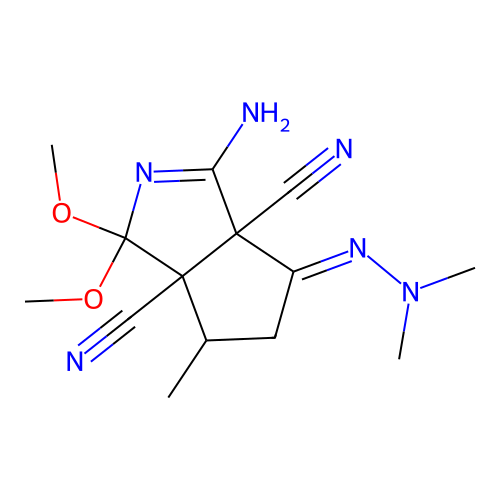 (4E)-3-amino-4-(dimethylhydrazinylidene)-1,1-dimethoxy-6-methyl-5,6-dihydrocyclopenta[c]pyrrole-3a,6a(1H,4H)-dicarbonitrile structure