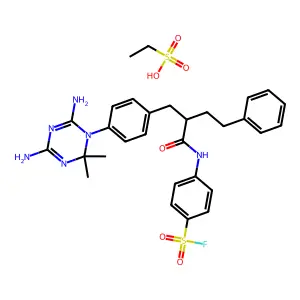 4-[[2-[[4-(4,6-diamino-2,2-dimethyl-1,3,5-triazin-1-yl)phenyl]methyl]-4-phenylbutanoyl]amino]benzenesulfonyl fluoride; ethanesulfonic acid structure