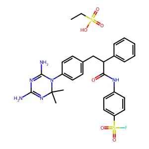 4-[[3-[4-(4,6-diamino-2,2-dimethyl-1,3,5-triazin-1-yl)phenyl]-2-phenylpropanoyl]amino]benzenesulfonyl fluoride; ethanesulfonic acid structure