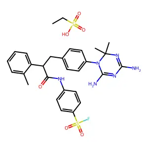4-[[3-[4-(4,6-diamino-2,2-dimethyl-1,3,5-triazin-1-yl)phenyl]-2-(2-methylphenyl)propanoyl]amino]benzenesulfonyl fluoride; ethanesulfonic acid structure