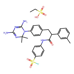 4-[[3-[4-(4,6-diamino-2,2-dimethyl-1,3,5-triazin-1-yl)phenyl]-2-(3-methylphenyl)propanoyl]amino]benzenesulfonyl fluoride; ethanesulfonic acid structure