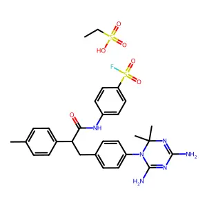 4-[[3-[4-(4,6-diamino-2,2-dimethyl-1,3,5-triazin-1-yl)phenyl]-2-(4-methylphenyl)propanoyl]amino]benzenesulfonyl fluoride; ethanesulfonic acid structure