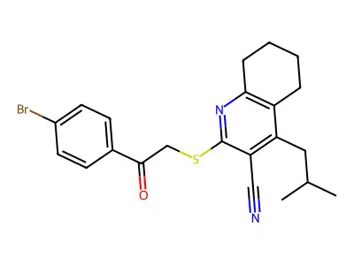 2-[2-(4-bromophenyl)-2-oxoethyl]sulfanyl-4-(2-methylpropyl)-5,6,7,8-tetrahydroquinoline-3-carbonitrile structure