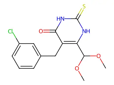 5-[(3-chlorophenyl)methyl]-6-(dimethoxymethyl)-2-sulfanylidene-1H-pyrimidin-4-one structure