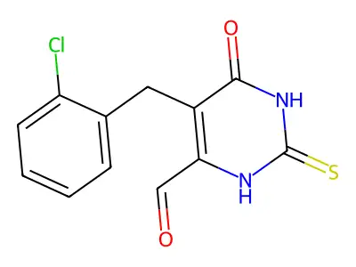 5-[(2-chlorophenyl)methyl]-4-oxo-2-sulfanylidene-1H-pyrimidine-6-carbaldehyde structure