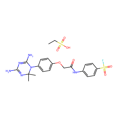 ethanesulfonic acid- 4-({[4-(4,6-diamino-2,2-dimethyl-1,3,5-triazin-1(2h)-yl)phenoxy]acetyl}amino)benzenesulfonyl fluoride(1:1) structure