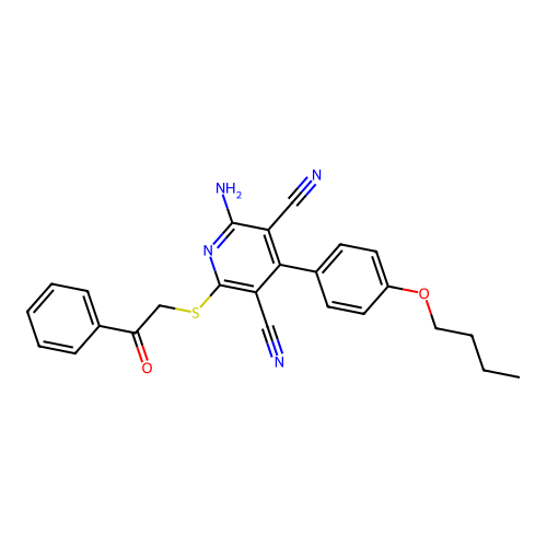 2-amino-4-(4-butoxyphenyl)-6-phenacylsulfanyl-pyridine-3,5-dicarbonitrile structure
