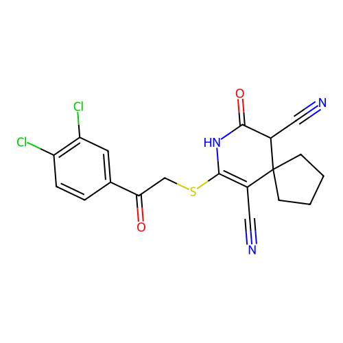 7-((2-(3,4-dichlorophenyl)-2-oxoethyl)thio)-9-oxo-8-azaspiro[4.5]dec-6-ene-6,10-dicarbonitrile structure
