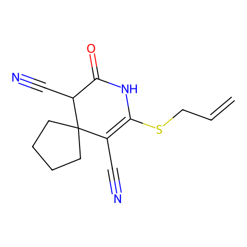 7-Oxo-9-prop-2-enylsulfanyl-8-azaspiro[4.5]dec-9-ene-6,10-dicarbonitrile structure