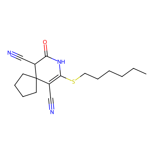 7-(Hexylsulfanyl)-9-oxo-8-azaspiro[4.5]dec-6-ene-6,10-dicarbonitrile structure