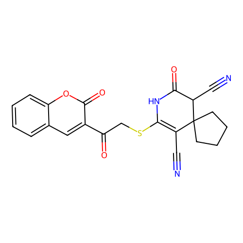 7-oxo-9-[2-oxo-2-(2-oxochromen-3-yl)ethyl]sulfanyl-8-azaspiro[4.5]dec-9-ene-6,10-dicarbonitrile structure