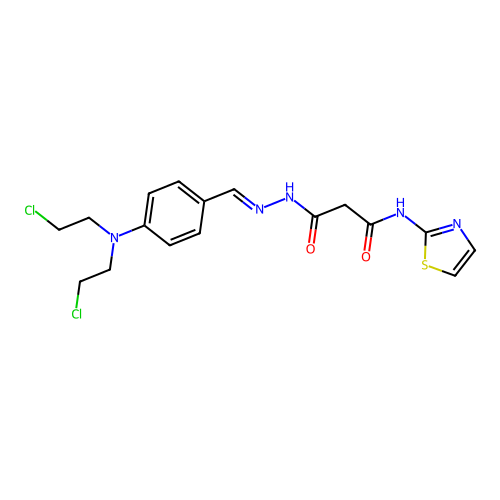 3-(2-{4-[bis(2-chloroethyl)amino]benzylidene}hydrazinyl)-3-oxo-n-(1,3-thiazol-2-yl)propanamide structure