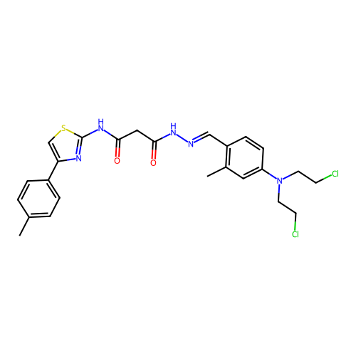3-(2-{4-[bis(2-chloroethyl)amino]-2-methylbenzylidene}hydrazinyl)-n-[4-(4-methylphenyl)-1,3-thiazol-2-yl]-3-oxopropanamide structure