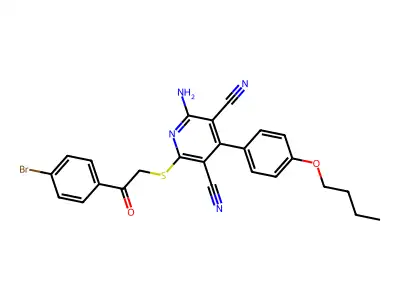 2-amino-6-[2-(4-bromophenyl)-2-oxoethyl]sulfanyl-4-(4-butoxyphenyl)pyridine-3,5-dicarbonitrile structure